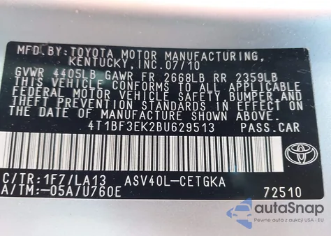 2011 Toyota Camry Xle из США, поврежденный, VIN 4T1BF3EK2BU629513